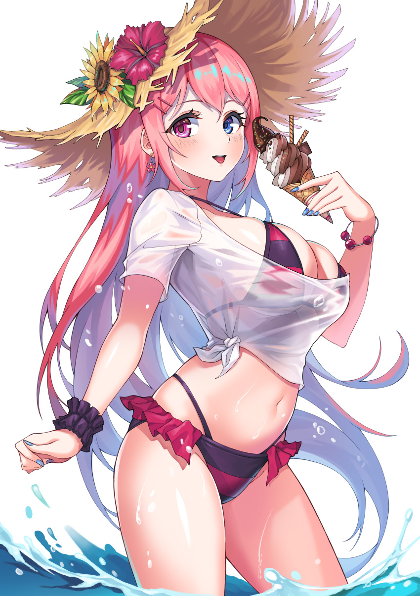 1girl absurdres bangle bikini blue_eyes blue_nails bracelet breasts brown_headwear chlgo08 earrings flower food hat hat_flower heterochromia highres holding holding_food ice_cream jewelry large_breasts long_hair looking_at_viewer nail_polish navel original pink_eyes pink_hair purple_bikini red_bikini red_flower see-through shirt short_sleeves simple_background smile solo standing straw_hat striped striped_bikini sunflower swimsuit tied_shirt wading wet wet_clothes wet_shirt white_background wrist_cuffs