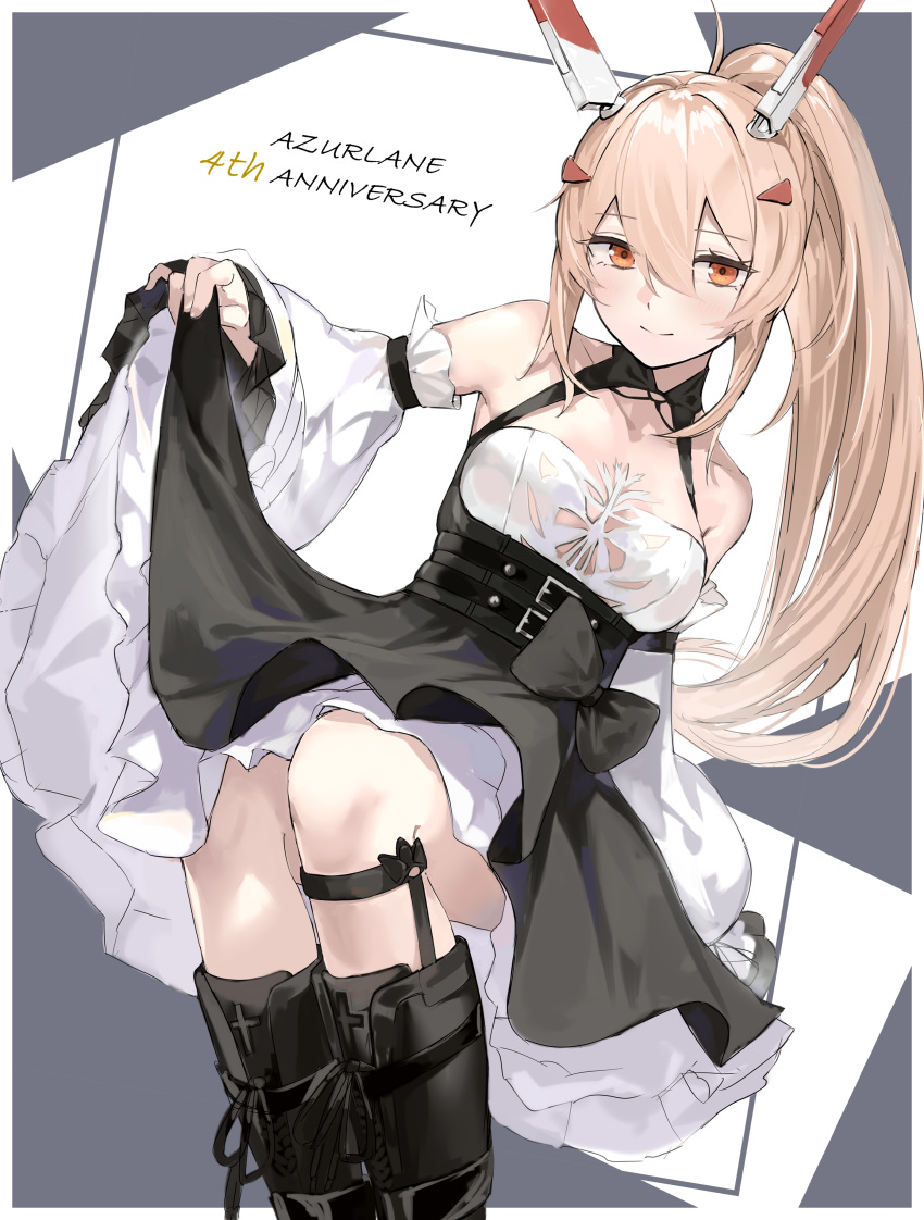 1girl absurdres anniversary ayanami_(azur_lane) ayanami_(nightfall_raiment)_(azur_lane) azur_lane bangs belt black_footwear boots catumi_(ta938_ka23) collarbone commentary_request copyright_name detached_sleeves english_text eyebrows_visible_through_hair eyes_visible_through_hair hair_between_eyes hair_ornament hairclip headgear highres knee_boots lifted_by_self long_hair looking_at_viewer no_pants orange_eyes ponytail retrofit_(azur_lane) sidelocks silver_hair simple_background sitting smile solo wide_sleeves