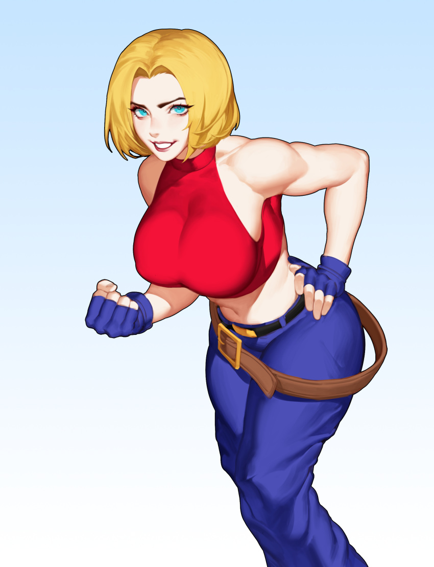 1girl absurdres bare_shoulders belt belt_buckle blonde_hair blue_mary buckle fatal_fury feet_out_of_frame fingerless_gloves gloves highres pants short_hair solo standing the_king_of_fighters zelus