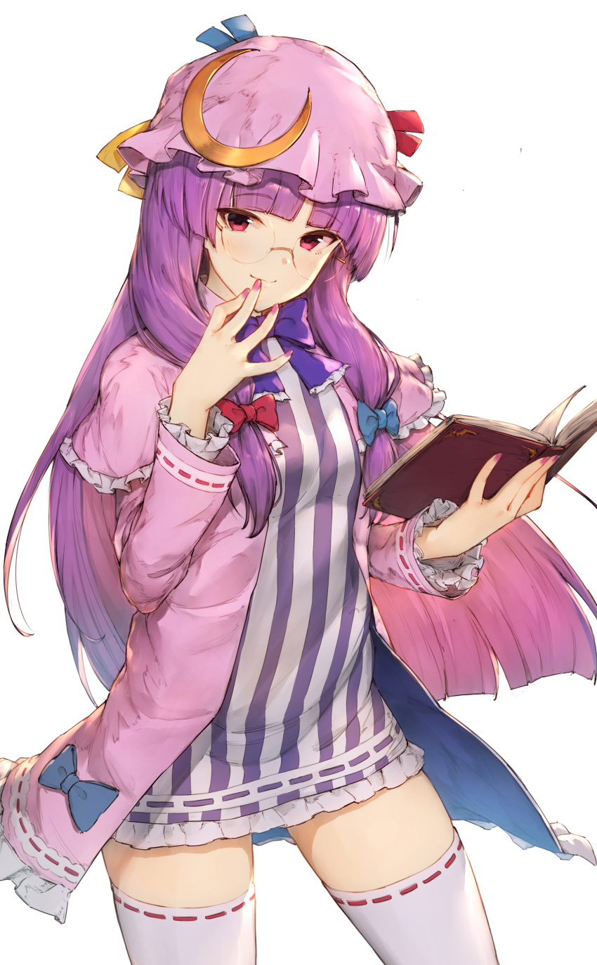 1girl absurdres bangs blue_bow blunt_bangs book bow bowtie capelet closed_mouth crescent crescent_moon_pin dress gradient_hair hair_bow hat hat_ribbon highres holding holding_book kotoribako long_hair long_sleeves looking_at_viewer multicolored_hair nail_polish patchouli_knowledge pink_eyes pink_hair pink_headwear pink_nails purple_bow purple_hair purple_neckwear red_bow ribbon ribbon-trimmed_legwear ribbon_trim short_dress simple_background smile solo striped striped_dress thigh-highs touhou very_long_hair white_background white_legwear