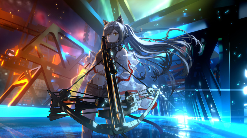 1girl animal_ears arknights bangs bare_shoulders black_scarf black_shorts bow_(weapon) breasts cat_ears cat_tail commentary cowboy_shot crop_top crossbow floating_hair highres holding holding_bow_(weapon) holding_weapon jacket long_hair long_ponytail long_sleeves looking_at_viewer luozi_roko medium_breasts midriff navel off_shoulder open_clothes open_jacket scarf schwarz_(arknights) see-through short_shorts shorts silver_hair solo standing stomach tail thighs very_long_hair weapon white_jacket yellow_eyes