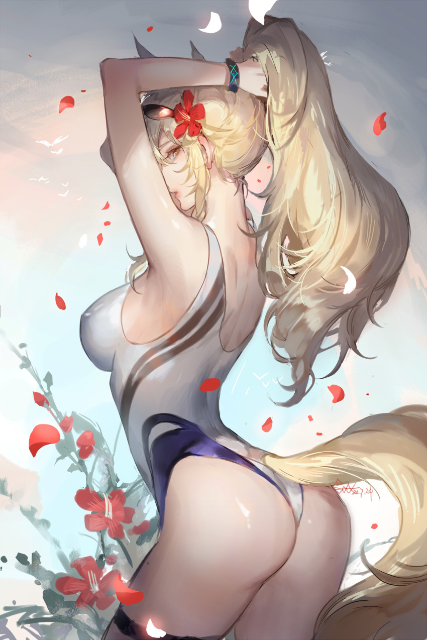 1girl absurdres arknights arm_up ass bare_arms bare_shoulders blonde_hair breasts chinese_commentary commentary_request cowboy_shot flower hair_flower hair_ornament hibiscus highres large_breasts long_hair long_ponytail looking_at_viewer nearl_(arknights) one-piece_swimsuit partial_commentary ponytail red_flower sidelocks solo spade-m standing swimsuit tail thighs white_swimsuit yellow_eyes