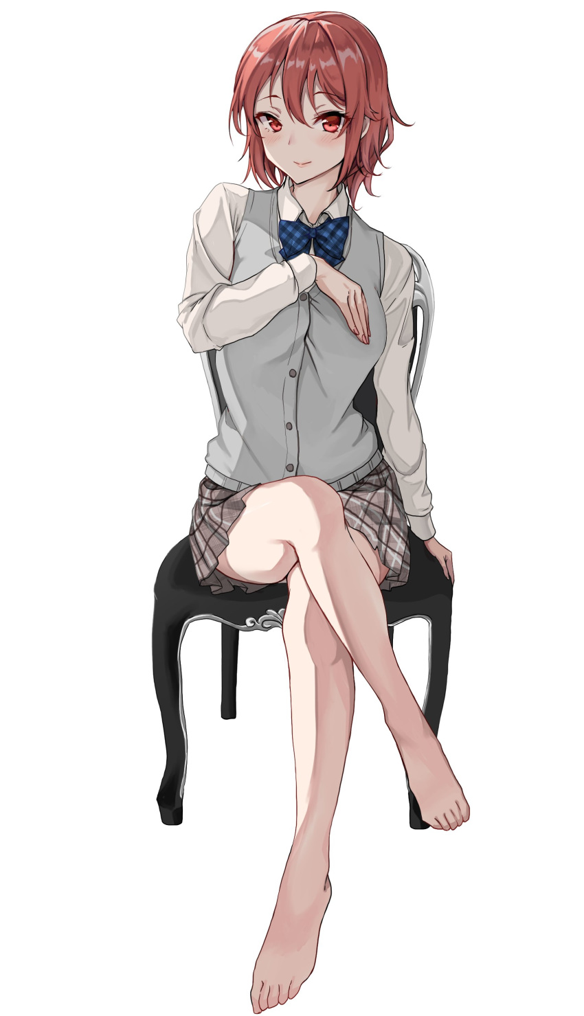 1girl absurdres alternate_costume amagi_(amagi626) barefoot blue_bow blue_bowtie blue_neckwear blue_sweater_vest blush boots bow bowtie buckle buttons collared_shirt commentary_request crossed_legs eyebrows_visible_through_hair fingernails full_body highres horikawa_raiko jacket knees lips long_sleeves looking_at_viewer miniskirt no_shoes pleated_skirt red_eyes redhead school_uniform shiny shiny_hair shirt short_hair simple_background sitting skirt smile solo stick stool sweater_vest toenails touhou vest white_background white_jacket white_skirt white_sleeves wing_collar wrist_cuffs