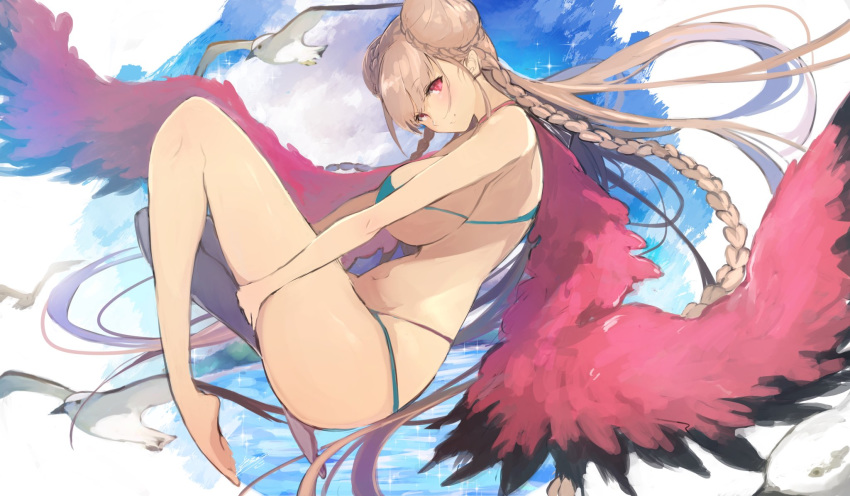 1girl aqua_bikini azur_lane bangs bare_shoulders barefoot bikini bird blue_bikini blue_sky braid braided_bun breasts choker double_bun eyebrows_visible_through_hair feathered_wings formidable_(azur_lane) formidable_(the_lady_of_the_beach)_(azur_lane) highres holding_leg large_breasts long_hair looking_at_viewer platinum_blonde_hair red_eyes sideboob single_thighhigh sky smile stomach swimsuit thigh-highs thighs tomocha_(tmc_tmc8) very_long_hair wings