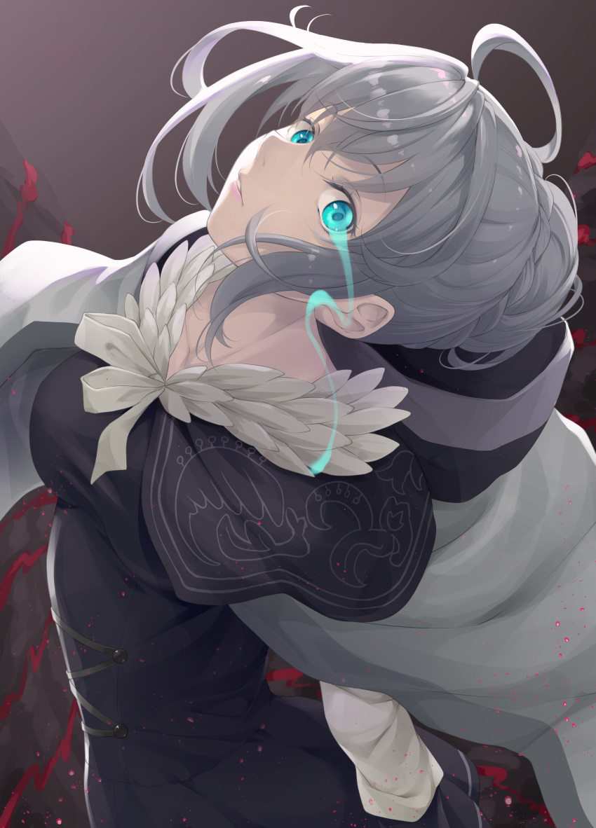 1girl absurdres ahoge blood blue_eyes bow braid breasts cape cloak commentary_request dress eyebrows_visible_through_hair fate/grand_order fate_(series) french_braid fur_trim glowing glowing_eye gray_(lord_el-melloi_ii) grey_hair hair_between_eyes highres hood hood_down hooded hooded_cape hooded_cloak lips looking_at_viewer lord_el-melloi_ii_case_files medium_breasts mukunokino_isshiki parted_lips short_hair solo white_bow