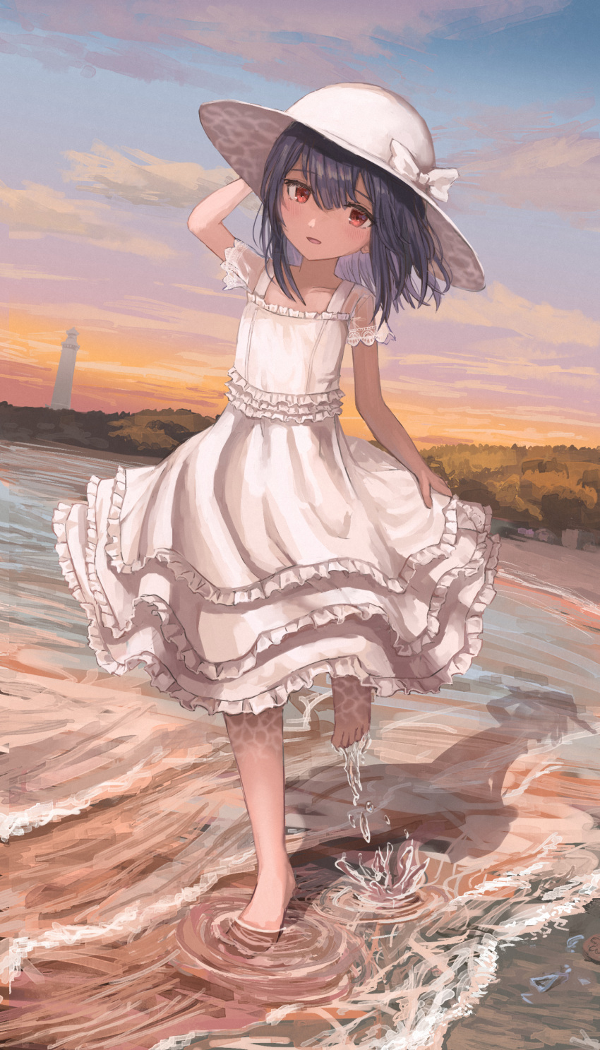 1girl :d arm_up bangs barefoot beach black_hair bow clouds collarbone commentary_request dress evening eyebrows_visible_through_hair frilled_dress frills full_body gradient_sky hand_on_headwear hat hat_bow highres idolmaster idolmaster_shiny_colors lighthouse long_hair looking_at_viewer morino_rinze nemu_kotatsu ocean open_mouth outdoors red_eyes running see-through shadow shallow_water shore short_sleeves skirt_hold sky smile solo sun_hat sunlight water white_bow white_dress white_headwear