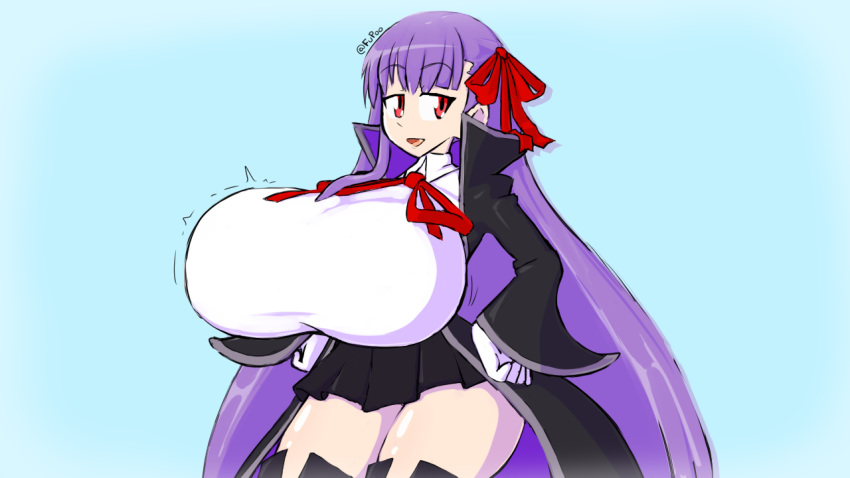 1girl bb_(fate)_(all) bb_(fate/extra_ccc) boots breasts collared_shirt fang fate/extra fate/extra_ccc fate_(series) fupoo gloves hair_ribbon huge_breasts long_hair open_mouth purple_hair red_eyes ribbon shirt skirt solo thigh-highs thigh_boots thighs twitter_username very_long_hair wide_sleeves