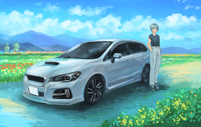 1girl black_shirt car grey_hair ground_vehicle hands_in_pockets highres looking_to_the_side momo_hiki motor_vehicle open_mouth original personification shirt shirt_tucked_in short_hair smile subaru_(brand) vehicle_focus