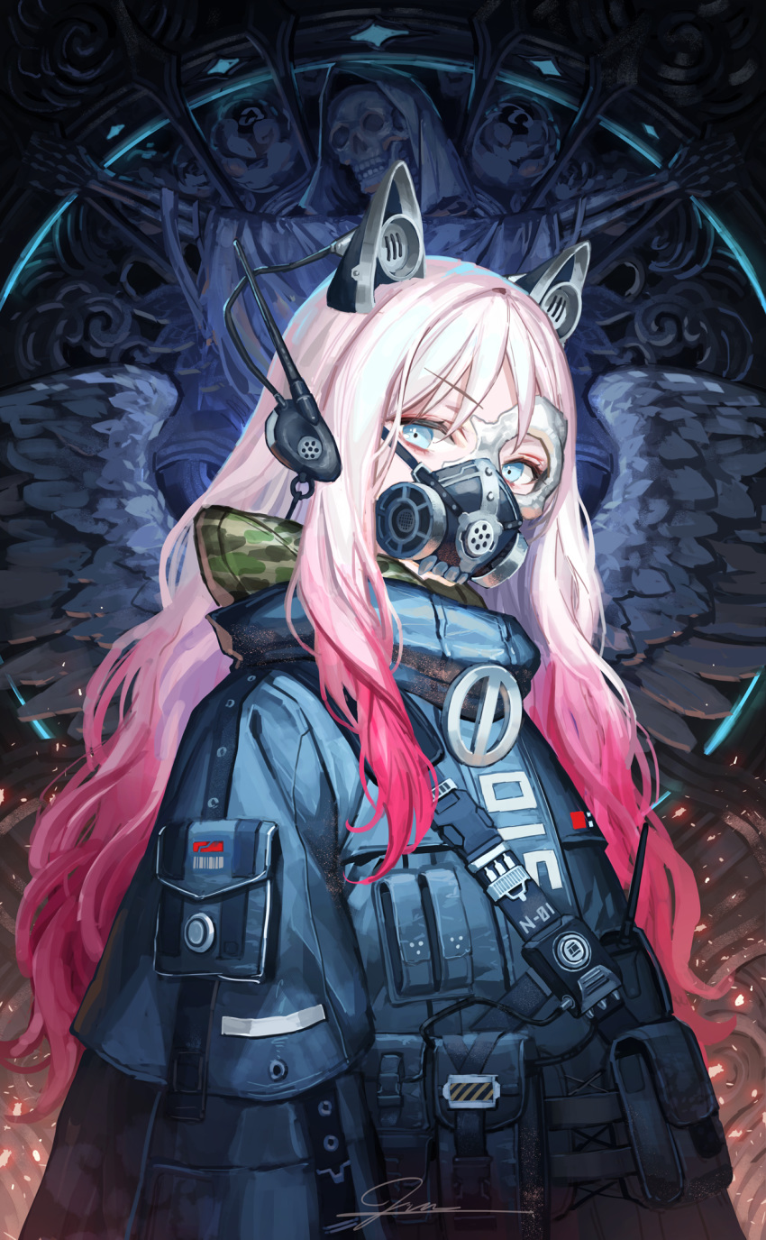 1girl animal_ears bangs blue_eyes blue_jacket camouflage commentary_request eyebrows_visible_through_hair fake_animal_ears feathered_wings gradient_hair grey_wings headpiece highres hood hood_down jacket looking_at_viewer multicolored_hair okuma_mai original pink_hair purple_hair respirator signature skeleton skull solo standing upper_body wings