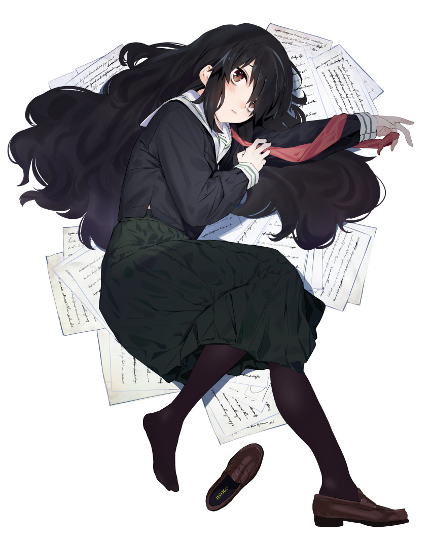 1girl absurdres black_hair brown_eyes commentary_request highres kitou_sakeru long_hair long_skirt long_sleeves looking_at_viewer on_bed original pantyhose paper shoes shoes_removed simple_background single_shoe skirt solo white_background