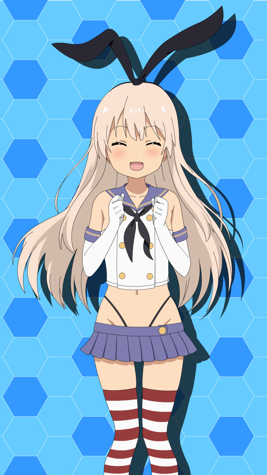1girl ^_^ anime_coloring bangs bare_shoulders black_hairband black_neckwear black_panties blonde_hair blue_background blue_sailor_collar blush breasts clenched_hands closed_eyes collarbone commentary_request cowboy_shot crop_top drop_shadow elbow_gloves eyebrows_visible_through_hair gloves groin hair_between_eyes hairband highleg highleg_panties highres kantai_collection long_hair microskirt midriff navel neckerchief open_mouth panties parody_request red_legwear sailor_collar school_uniform serafuku shimakaze_(kantai_collection) sidelocks skindentation skirt small_breasts smile solo standing striped striped_legwear sugapi thigh-highs thong underwear white_gloves white_legwear zettai_ryouiki |d