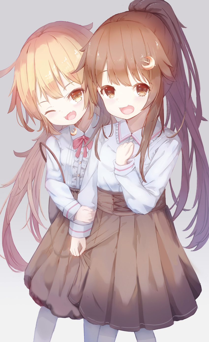 2girls alternate_costume arm_hug bag bangs black_skirt blonde_hair blush brown_eyes brown_hair crescent fang fumizuki_(kantai_collection) grey_background hair_flaps highres kantai_collection logiclr long_hair long_sleeves low_twintails multiple_girls one_eye_closed open_mouth pantyhose ponytail satsuki_(kantai_collection) sidelocks simple_background skin_fang skirt twintails white_legwear yellow_eyes