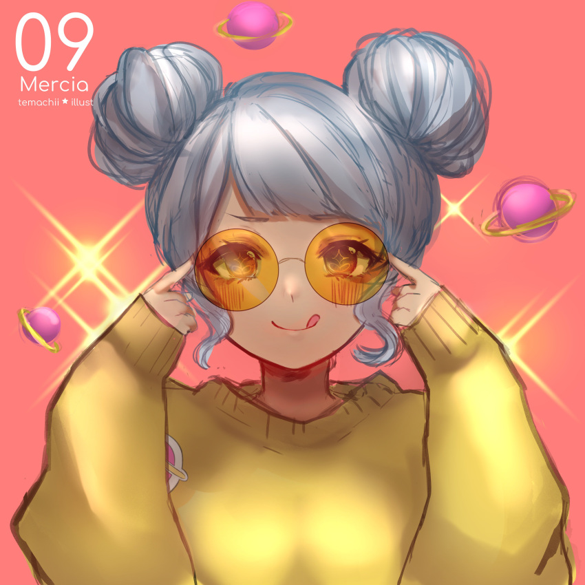 1girl :q absurdres artist_name blush commentary double_bun english_commentary grey_hair highres long_sleeves looking_at_viewer orange-tinted_eyewear original rimless_eyewear round_eyewear saturn_(planet) sleeves_past_fingers sleeves_past_wrists smile solo sweater temachii tongue tongue_out upper_body yellow_sweater