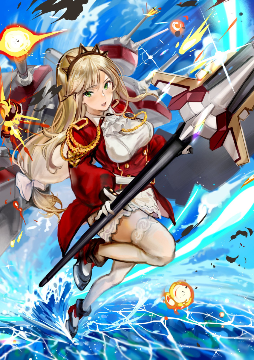 1girl blonde_hair blue_oath blush breasts character_request crown_hair_ornament gloves green_eyes hair_ribbon hi_ros3 highres jewelry long_hair looking_at_viewer medium_breasts military military_uniform necklace ocean open_mouth polearm ponytail ribbon shoes solo spear thigh-highs uniform weapon white_gloves white_legwear