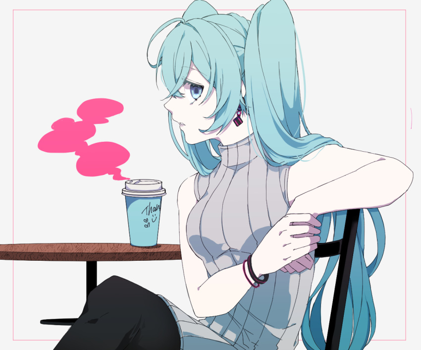 1girl alternate_costume arm_support bare_arms bare_shoulders black_legwear blue_eyes blue_hair border bracelet breasts chair cup disposable_cup earrings eiku english_text expressionless eyebrows_visible_through_hair eyelashes eyes_visible_through_hair fashion grey_background grey_shirt hatsune_miku heart jewelry jitome long_hair looking_back medium_breasts parted_lips pink_border profile shaded_face shirt sidelocks simple_background sitting sleeveless sleeveless_shirt smiley_face solo steam striped striped_shirt table turtleneck twintails upper_body very_long_hair vocaloid