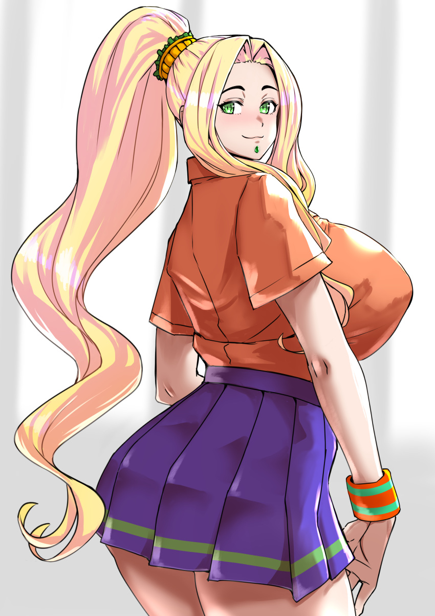 1girl absurdres alternate_costume blonde_hair breasts chin_piercing closed_mouth collared_shirt commentary_request fate/grand_order fate_(series) from_behind green_eyes hair_tie high_ponytail highres huge_breasts long_hair long_ponytail looking_at_viewer looking_back miniskirt orange_shirt pleated_skirt purple_skirt quetzalcoatl_(fate/grand_order) school_uniform shirt short_sleeves sidelocks skirt smile solo thighs uc uniform very_long_hair wristband