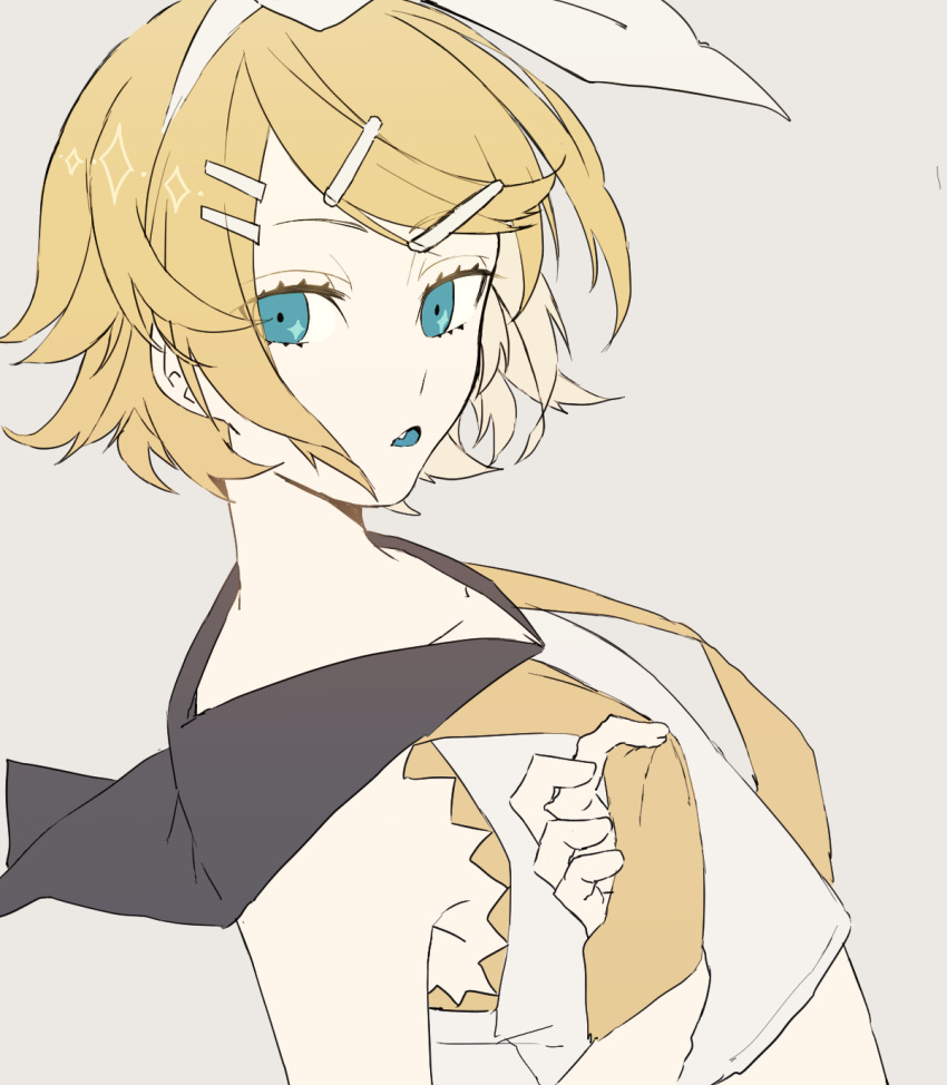 1girl bare_arms bare_shoulders beige_background blonde_hair blue_eyes blue_tongue collarbone colored_inner_hair eiku eyebrows_visible_through_hair eyelashes flat_chest hair_ornament hair_ribbon hairclip half-closed_eyes highres kagamine_rin leaning leaning_back looking_back midriff multicolored_hair parted_lips ribbon sharp_teeth shirt short_hair simple_background sleeveless sleeveless_shirt solo sparkle symbol_in_eye tareme teeth tongue untied upper_body very_short_hair vocaloid white_ribbon white_shirt