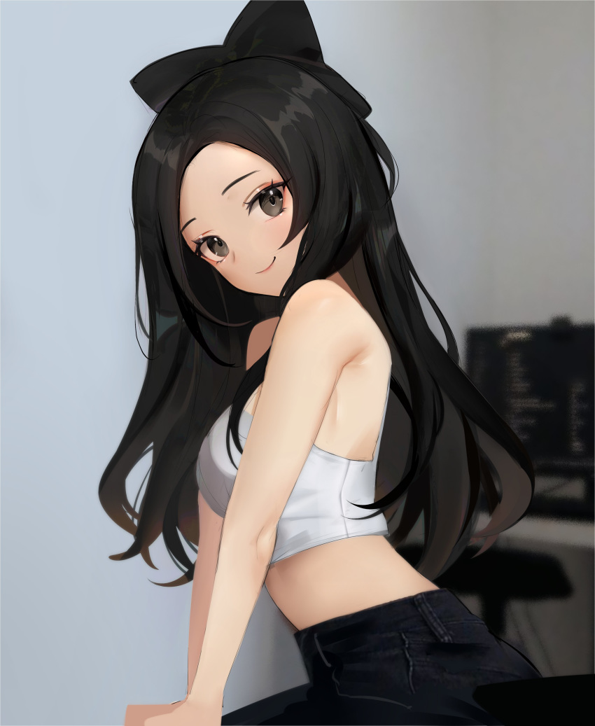 1girl absurdres bare_shoulders black_hair blurry blurry_background breasts ei1han grey_eyes highres long_hair looking_at_viewer medium_breasts midriff monitor original pants sleeveless smile solo upper_body