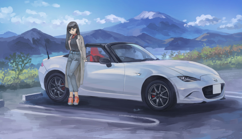 1girl black_hair black_shirt car eunos_roadster ground_vehicle highres jacket leaning_back looking_down mazda momo_hiki motor_vehicle original personification red_scarf scarf shirt trench_coat vehicle_focus