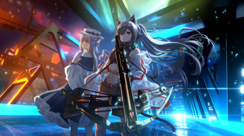 2girls animal_ears arknights bangs bare_shoulders black_scarf black_shorts blue_dress bow bow_(weapon) breasts cat_ears cat_tail ceylon_(arknights) commentary cowboy_shot crop_top crossbow dress floating_hair gloves hat hat_bow highres holding holding_bow_(weapon) holding_weapon jacket long_hair long_ponytail long_sleeves looking_at_viewer luozi_roko medium_breasts midriff multiple_girls navel off_shoulder open_clothes open_jacket petticoat scarf schwarz_(arknights) see-through short_shorts shorts silver_hair standing stomach tail thighs very_long_hair weapon white_gloves white_headwear white_jacket yellow_eyes
