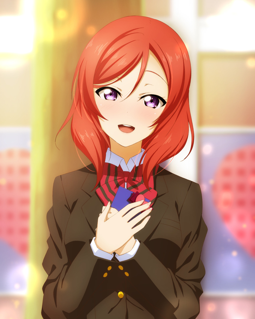 1girl :d bangs black_jacket blurry blurry_background blush bow bowtie box collared_shirt gift gift_box hair_between_eyes head_tilt highres holding holding_box jacket long_hair long_sleeves looking_at_viewer love_live! love_live!_school_idol_project nishikino_maki open_mouth red_bow red_neckwear redhead shiny shiny_hair shirt smile solo striped striped_neckwear upper_body violet_eyes wing_collar yu-ta