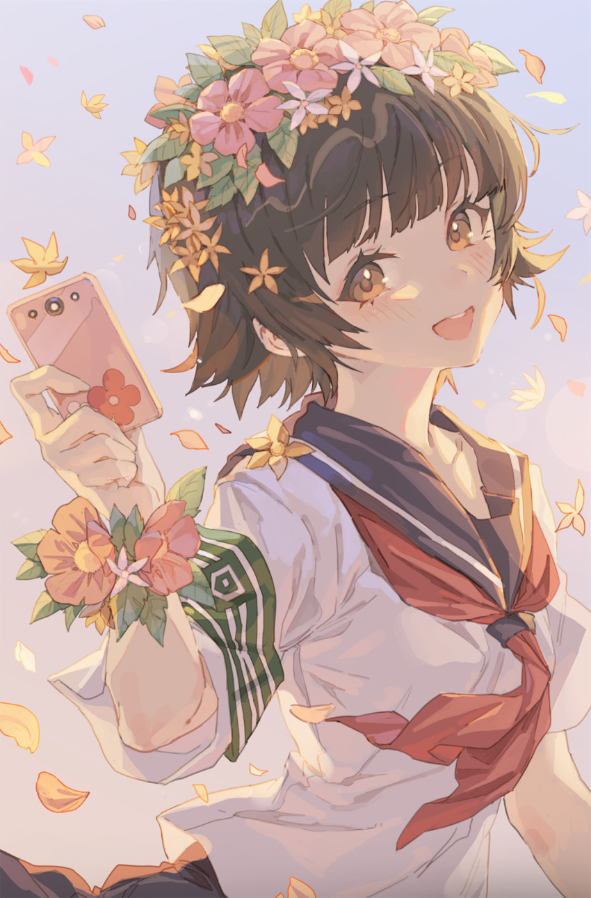 1girl armband bangs black_hair blue_skirt blunt_bangs blush brown_eyes buck_teeth cellphone collarbone floral_print grin head_wreath highres hong looking_at_viewer petals phone school_uniform serafuku short_hair sidelocks skirt smartphone smile solo to_aru_kagaku_no_railgun to_aru_majutsu_no_index uiharu_kazari upper_body