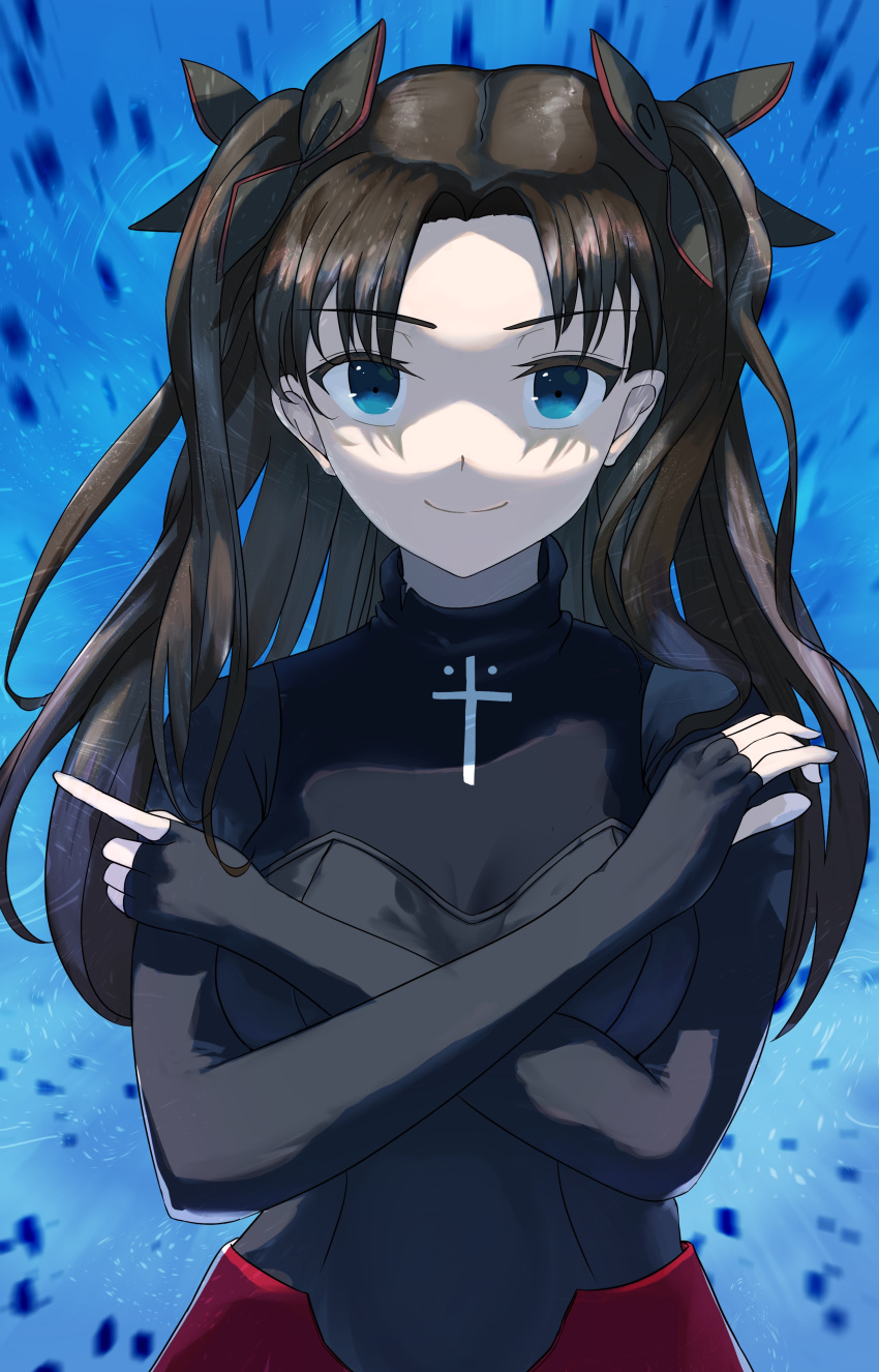 1girl absurdres aikawa_lotus bangs black_ribbon blue_background blue_eyes breasts brown_hair clothing_request commentary_request cross cross_print crossed_arms fate/extra fate/extra_record fate_(series) hair_ribbon highres index_finger_raised long_hair looking_at_viewer medium_breasts parted_bangs ribbon smile solo tohsaka_rin two_side_up upper_body