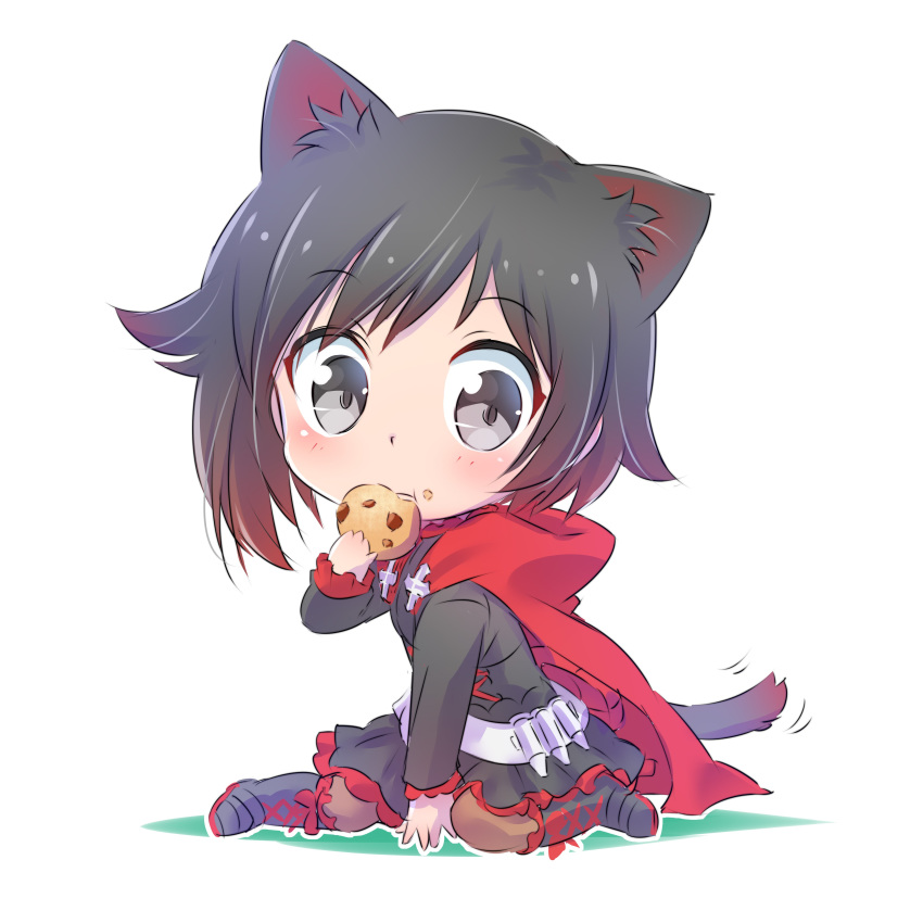 1girl absurdres animal_ears black_hair boots cat_ears cat_girl cat_tail chibi cloak cookie cross eating eyebrows_visible_through_hair food gradient_hair grey_eyes highres iesupa looking_at_viewer multicolored_hair redhead ruby_rose rwby rwby_chibi simple_background sitting skirt solo tail two-tone_hair white_background