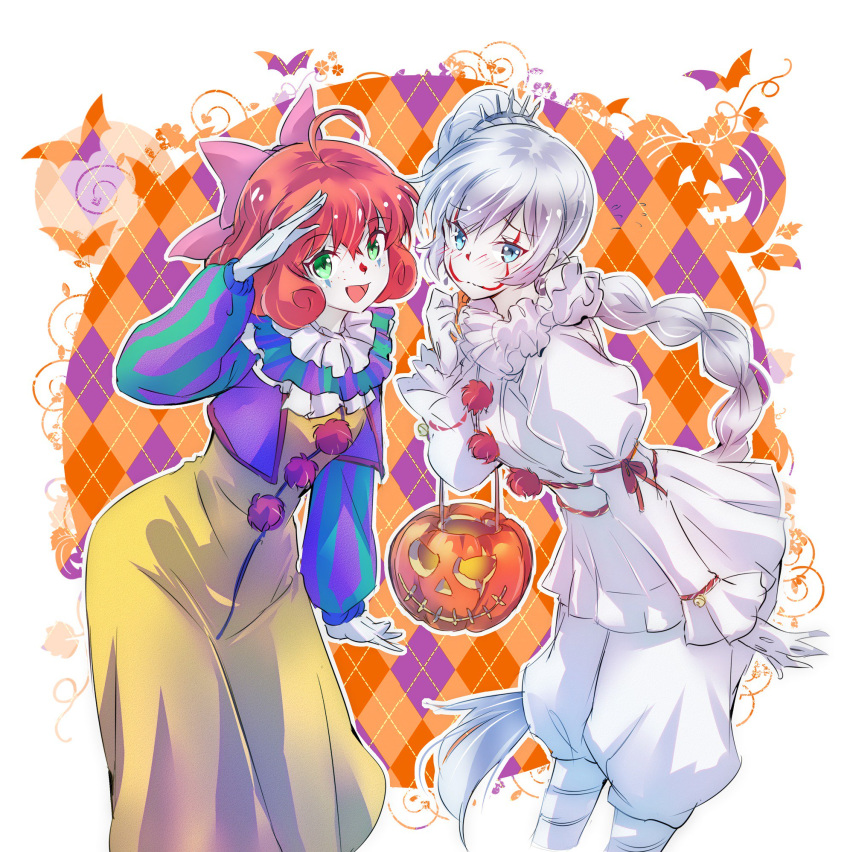 ahoge blue_eyes blush bow braid braided_ponytail clown commentary english_commentary eyebrows_visible_through_hair feet_out_of_frame gloves green_eyes hair_between_eyes hair_bow halloween halloween_costume highres iesupa long_hair long_sleeves looking_at_viewer medium_hair open_mouth orange_hair penny_polendina rwby salute side_ponytail weiss_schnee white_hair