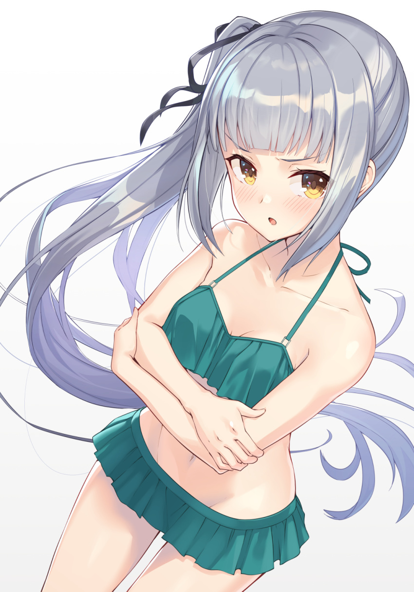 1girl bangs bare_arms bare_shoulders bikini bikini_skirt black_ribbon blush breasts collarbone commentary_request cowboy_shot eyebrows_visible_through_hair green_bikini groin hair_ribbon halterneck highres kantai_collection kasumi_(kantai_collection) long_hair looking_at_viewer navel nueco open_mouth remodel_(kantai_collection) ribbon side_ponytail silver_hair simple_background small_breasts solo swimsuit white_background yellow_eyes