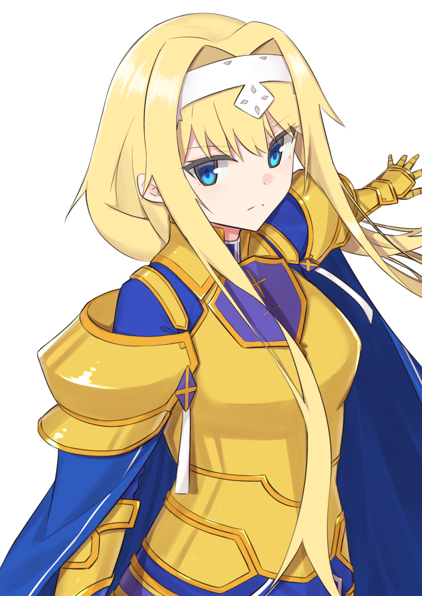 1girl alice_schuberg armor bangs blonde_hair blue_cape blue_dress blue_eyes braid breasts cape commentary_request dress elfenlied22 eyebrows_visible_through_hair frown gold_armor hair_intakes hairband highres long_hair looking_at_viewer medium_breasts simple_background solo sword_art_online sword_art_online:_alicization very_long_hair white_background white_hairband