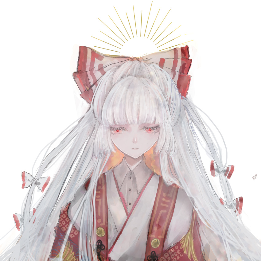 1girl alternate_costume bangs bow closed_mouth collared_shirt fujiwara_no_mokou hair_bow highres looking_down red_eyes sano_naoi shirt shoe_bow shoes sidelocks simple_background solo suspenders touhou white_background white_hair white_shirt