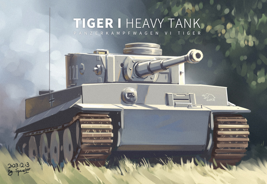 artist_name dated day highres military military_vehicle motor_vehicle no_humans original outdoors smoke spacebar_hobby tank tiger_i