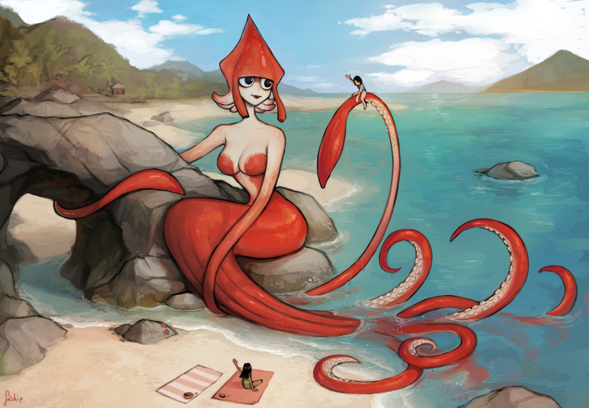 3girls absurdres artist_name beach blanket blue_sky breasts clouds commentary day english_commentary giantess highres horizon looking_at_another matilda_fiship medium_breasts monster_girl mountainous_horizon multiple_girls original outdoors rock signature sky smile squid_girl starfish tentacle_hair tentacles water