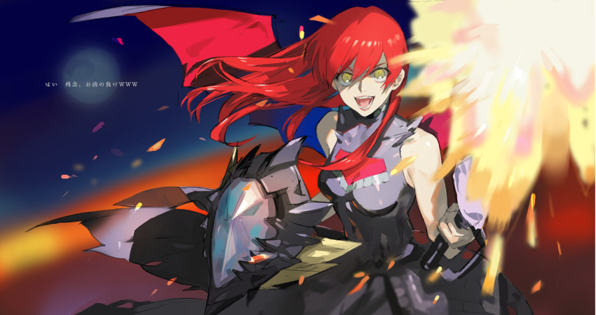 1girl armor blurry bokeh character_request copyright_request depth_of_field fangs headwear_removed helmet helmet_removed holding holding_helmet holding_weapon lips long_hair nishihara_isao open_mouth redhead solo weapon wind wind_lift wings yellow_eyes