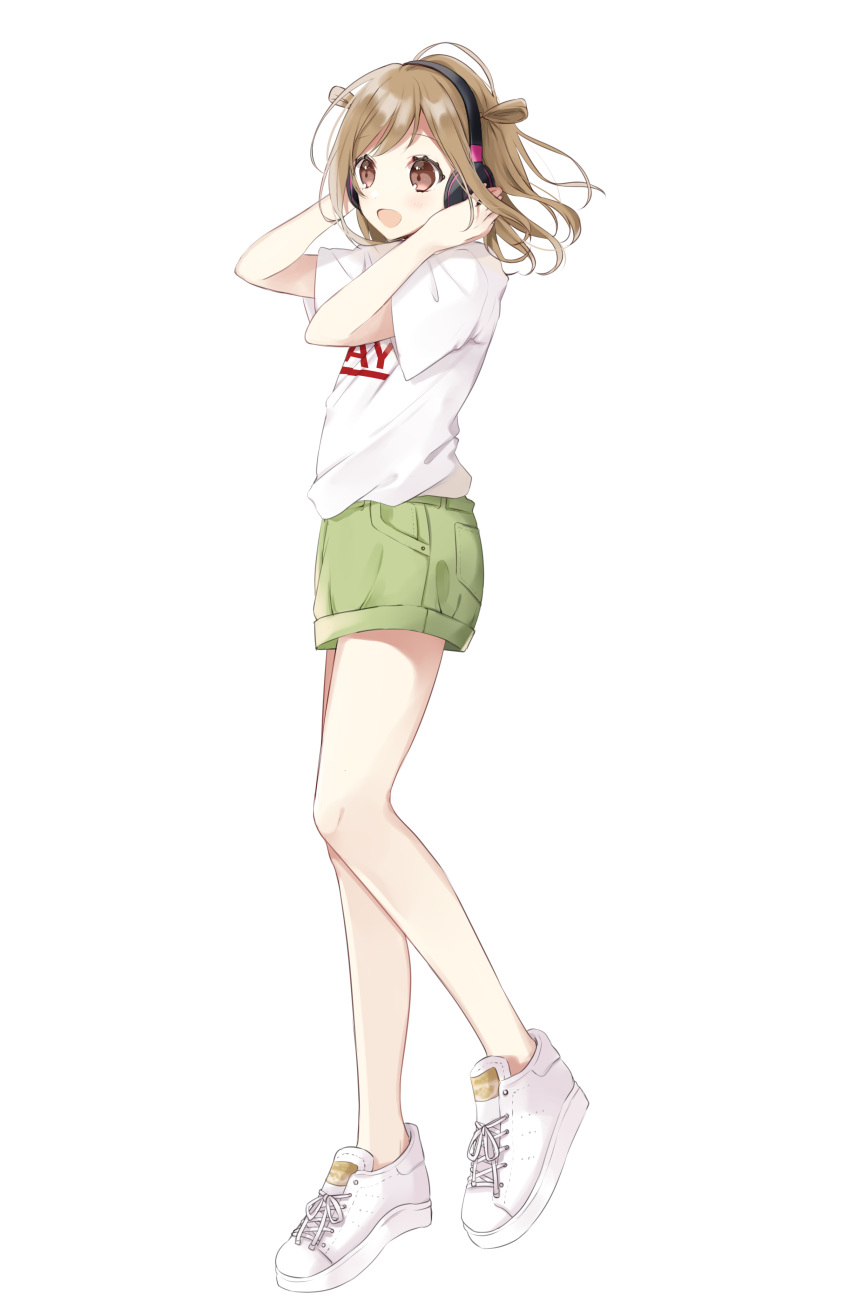1girl :d absurdres bangs blush brown_eyes brown_hair eyebrows_visible_through_hair green_shorts hachimitsu_honey hands_on_headphones hands_up headphones highres looking_away open_mouth original shirt shoes short_shorts short_sleeves shorts simple_background smile solo standing standing_on_one_leg swept_bangs white_background white_footwear white_shirt