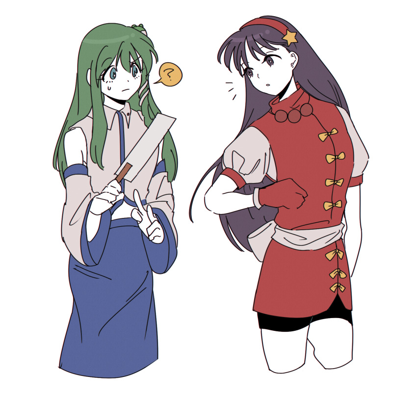 2girls ? asamiya_athena bangs black_shorts blue_skirt chinese_clothes closed_mouth collarbone detached_sleeves eyebrows_visible_through_hair frog_hair_ornament gloves gohei green_eyes green_hair hair_between_eyes hair_ornament hairband highres holding japanese_clothes kochiya_sanae long_hair looking_at_another miko multiple_girls open_mouth purple_hair rbfnrbf_(mandarin) red_gloves red_hairband sash shirt shorts simple_background skirt snake_hair_ornament speech_bubble star_(symbol) star_ornament sweat the_king_of_fighters touhou violet_eyes white_background white_sash white_shirt white_sleeves wide_sleeves