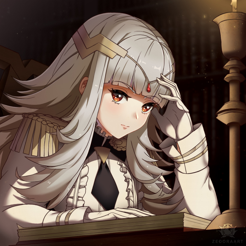 1girl alternate_costume artist_name chair closed_mouth fire_emblem fire_emblem_heroes gloves grey_hair hair_ornament highres long_hair long_sleeves red_eyes sitting solo upper_body veronica_(fire_emblem) white_gloves zedoraart