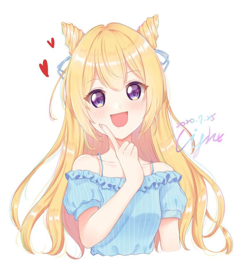 1girl :d bangs blonde_hair blue_shirt blush cropped_torso dated eyebrows_visible_through_hair frilled_shirt frills hair_between_eyes hand_up heart highres index_finger_raised light_(luxiao_deng) long_hair off-shoulder_shirt off_shoulder open_mouth original puffy_short_sleeves puffy_sleeves shirt short_sleeves signature simple_background smile solo striped striped_shirt upper_body vertical-striped_shirt vertical_stripes violet_eyes white_background