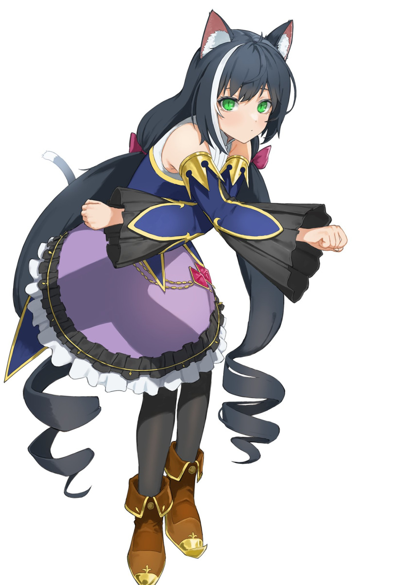 1girl animal_ears ankle_boots black_legwear blue_vest boots brown_footwear cat_ears cat_tail clenched_hands closed_mouth crossed_arms detached_sleeves drill_hair flasso full_body green_eyes highres karyl_(princess_connect!) leaning_forward long_hair long_sleeves looking_at_viewer low_twintails pantyhose photo-referenced princess_connect! purple_skirt simple_background skirt slit_pupils solo tail twin_drills twintails very_long_hair vest white_background