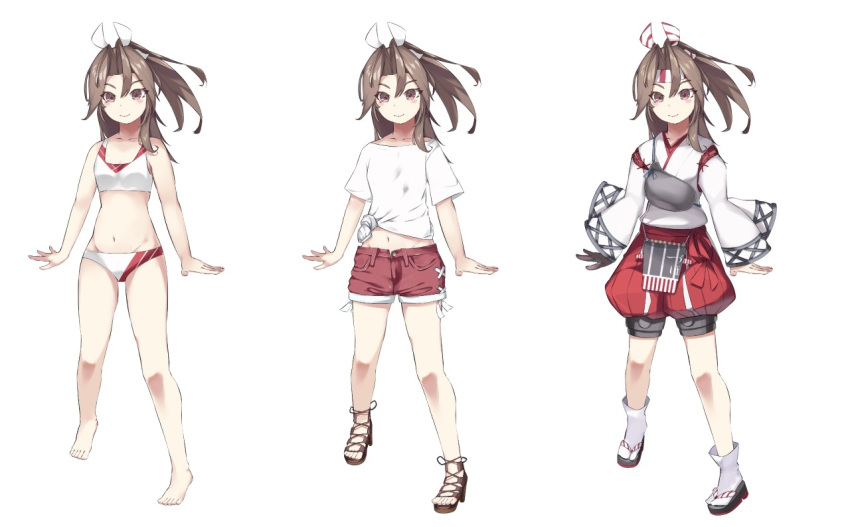 1girl alternate_costume barefoot bikini breasts brown_eyes brown_footwear brown_hair casual fei_(feikotake) full_body hachimaki hair_ribbon headband high_heels high_ponytail kantai_collection long_hair looking_at_viewer midriff multiple_views muneate navel red_shorts ribbon sandals shirt shorts simple_background small_breasts smile swimsuit tied_shirt white_background white_bikini white_legwear white_ribbon white_shirt zuihou_(kantai_collection)