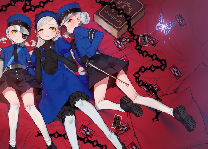 3girls bangs bed_sheet black_gloves blue_hairband blush book braid bug butterfly butterfly_hair_ornament card caroline_(persona_5) chain dress elbow_gloves eyepatch feet_out_of_frame full_body gloves hair_bun hair_ornament hairband hat insect justine_(persona_5) lavenza long_hair looking_at_viewer lying miyamae_(miyazen9311) multiple_girls necktie on_back parted_lips persona persona_5 pillow shorts siblings silver_hair smile spoilers swept_bangs tarot twins white_legwear yellow_eyes