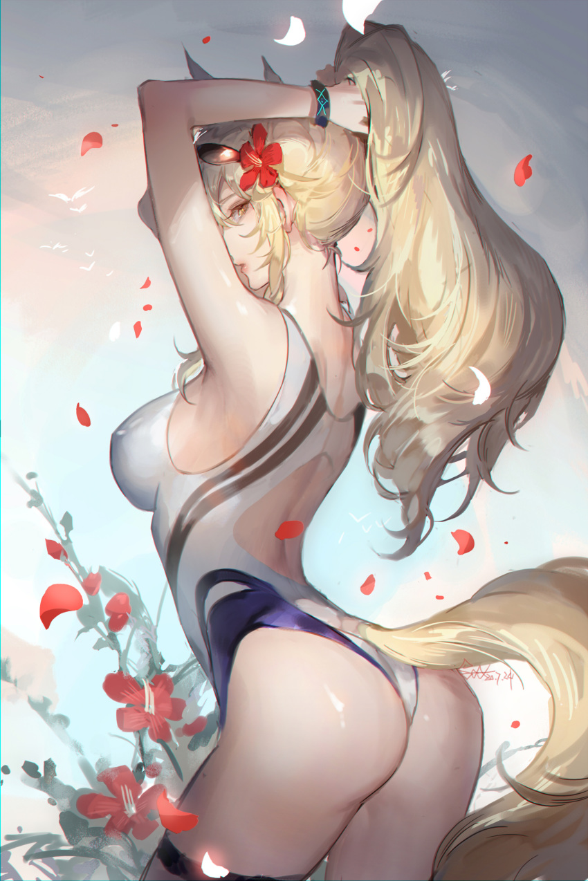 1girl absurdres arknights arm_up ass bare_arms bare_shoulders blonde_hair breasts chinese_commentary commentary_request cowboy_shot flower hair_flower hair_ornament hibiscus highres large_breasts long_hair long_ponytail looking_at_viewer nearl_(arknights) one-piece_swimsuit partial_commentary ponytail red_flower revision sidelocks solo spade-m standing swimsuit tail thighs white_swimsuit yellow_eyes