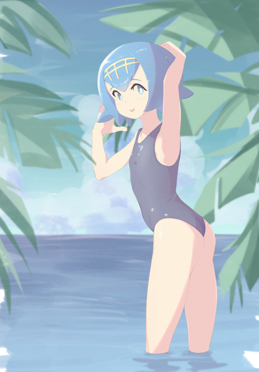 1girl absurdres arm_up armpits ass blue_eyes blue_hair clouds commentary freckles hairband hand_up highres looking_at_viewer looking_back melonyogurt no_sclera one-piece_swimsuit outdoors palm_tree parted_lips pokemon pokemon_(game) pokemon_sm short_hair sky smile solo suiren_(pokemon) swimsuit tree trial_captain wading water