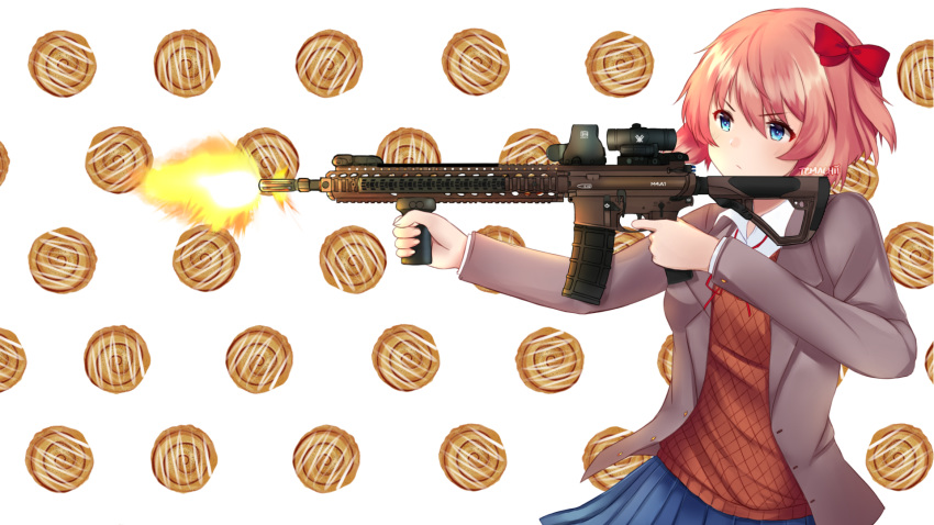 1girl aiming assault_rifle blue_eyes blue_skirt bow closed_mouth collared_shirt commission cowboy_shot doki_doki_literature_club eyebrows_visible_through_hair finger_on_trigger firing food_request grey_jacket gun hair_bow highres holding holding_gun holding_weapon jacket long_sleeves open_clothes open_jacket pink_hair pleated_skirt red_bow red_vest rifle sayori_(doki_doki_literature_club) shirt short_hair signature skirt solo sweater_vest temachii vest weapon white_shirt wing_collar