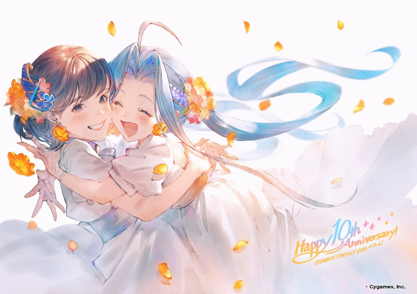 2girls ahoge anniversary black_eyes blue_hair braid brown_hair closed_eyes commentary_request dress earrings eyebrows_visible_through_hair fishnet_gloves fishnets flower flower_earrings gloves granblue_fantasy grin hair_flower hair_ornament hug jewelry long_hair lyria_(granblue_fantasy) multiple_girls official_art open_mouth petals seiyuu short_hair simple_background smile touyama_nao twintails white_background white_dress