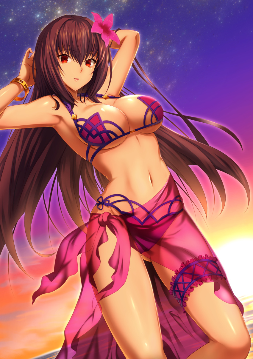 1girl bangle bikini bracelet breasts dutch_angle emanon123 fate/grand_order fate_(series) flower garters hair_flower hair_ornament hibiscus highres jewelry large_breasts long_hair looking_at_viewer navel purple_hair red_eyes sarong scathach_(fate)_(all) scathach_(swimsuit_assassin)_(fate) solo sunset swimsuit