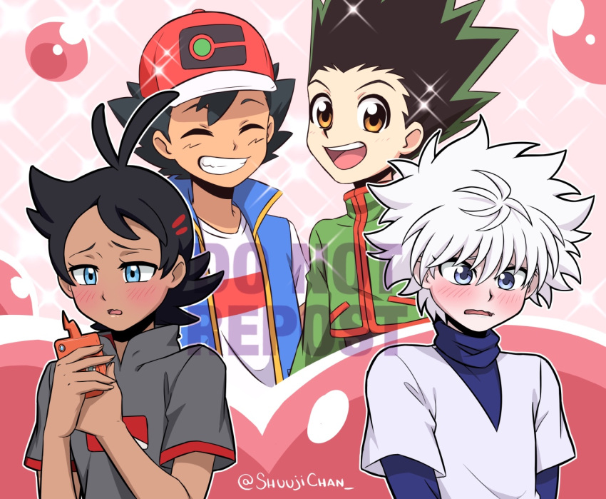 4boys antenna_hair baseball_cap black_hair black_shirt blue_eyes blue_jacket blue_undershirt blush brown_eyes closed_eyes dark_skin dark_skinned_male gon_freecss gou_(pokemon) green_jacket hat holding holding_phone hunter_x_hunter jacket killua_zoldyck looking_at_phone messy_hair multiple_boys open_mouth phone pokemon pokemon_(anime) pokemon_swsh_(anime) sara_bonetti satoshi_(pokemon) shirt sleeveless sleeveless_jacket smile sparkle spiky_hair twitter_username white_hair white_shirt yaoi