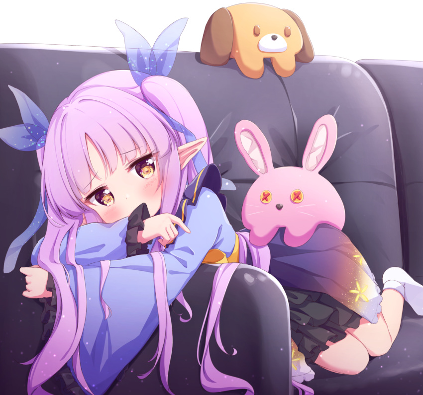 1girl black_skirt blush brown_eyes couch covering_mouth elf highres japanese_clothes kimono kyouka_(princess_connect!) long_hair looking_at_viewer lying on_stomach pointy_ears princess_connect! princess_connect!_re:dive purple_hair purple_kimono ribbon setmen skirt socks solo stuffed_animal stuffed_toy twintails white_footwear