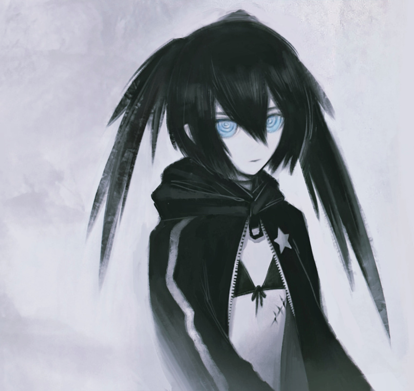 1girl asymmetrical_hair bangs bikini black_bikini black_coat black_hair black_rock_shooter black_rock_shooter_(character) blue_eyes closed_mouth coat flat_chest front-tie_bikini front-tie_top grey_background hair_between_eyes highres hood hood_down hooded_coat long_hair ly_(pixiv13839236) open_clothes open_coat scar shiny shiny_hair solo swimsuit twintails upper_body white_skin